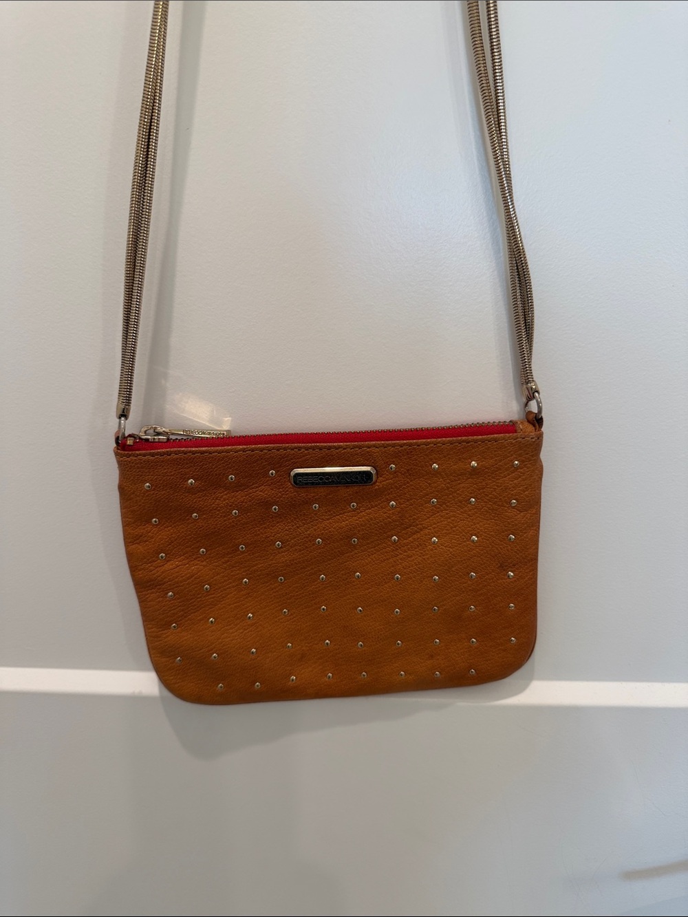 Rebecca Minkoff Tan Leather Studded Crossbody with Red Trim